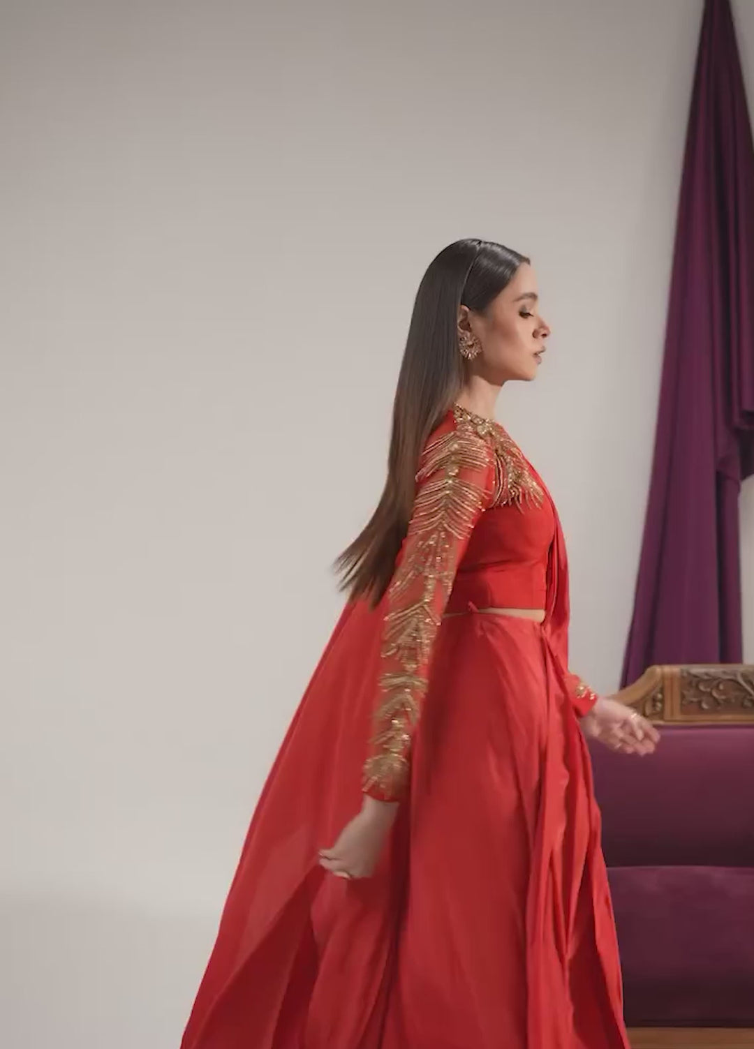 Maria Osama Khan Pret Embroidered Grip Saree Carnelian
