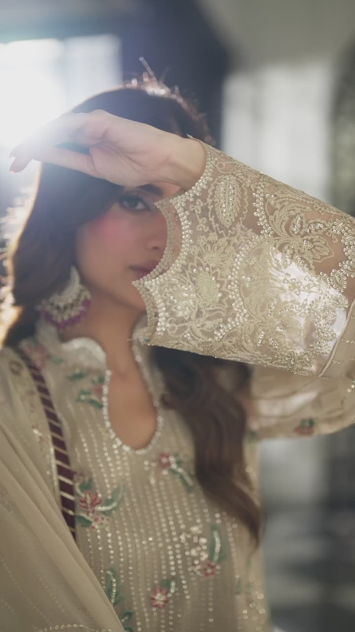 Maison d'or by Sahane Unstitched Embroidered Chiffon 3 Piece Suit CT-27005 CHAMPAGNE - Festive Collection