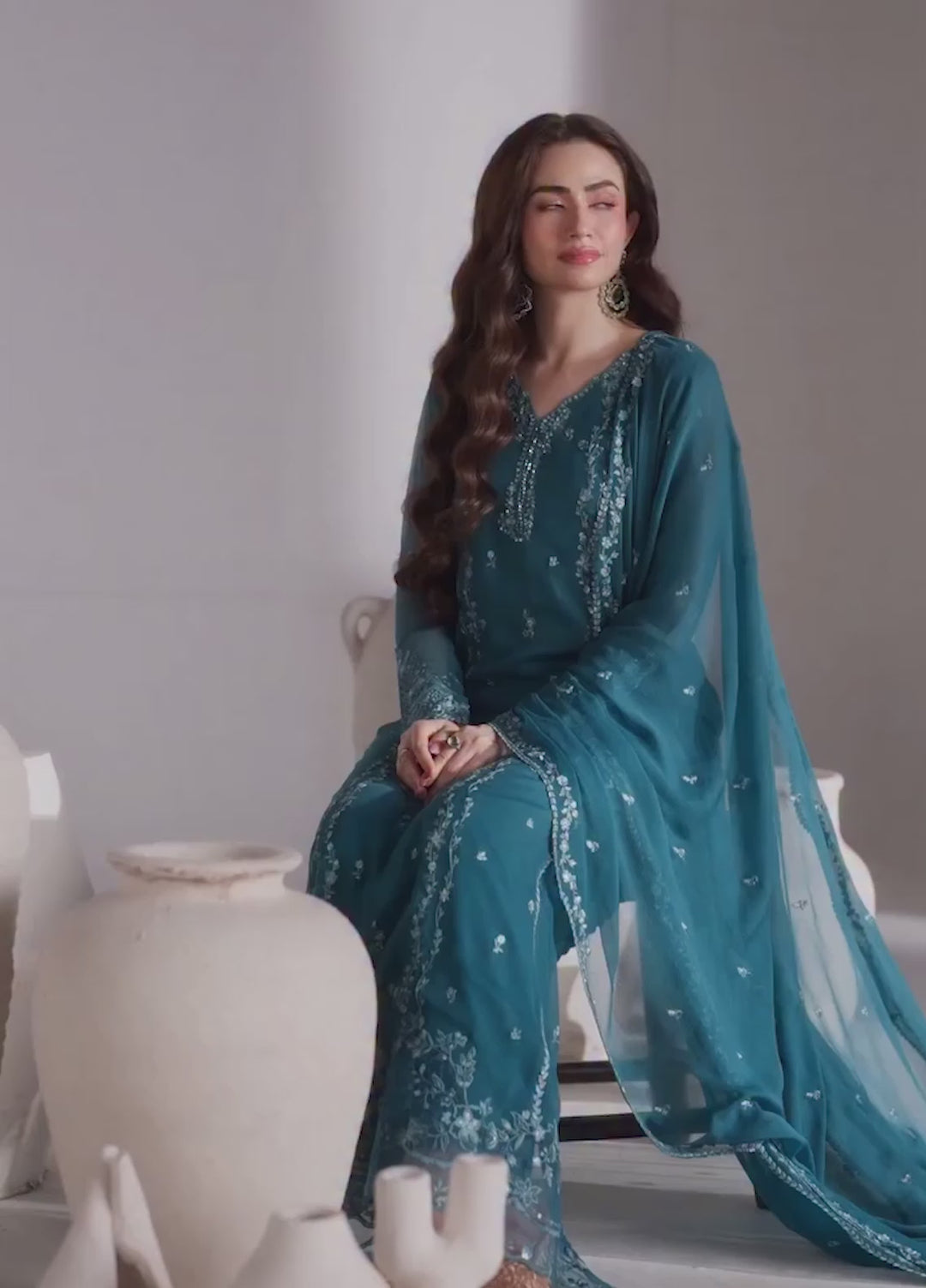 Ensembles by Azure Unstitched Embroidered Chiffon 3 Piece Suit AZ26UEF Teal Affair - Festive Collection
