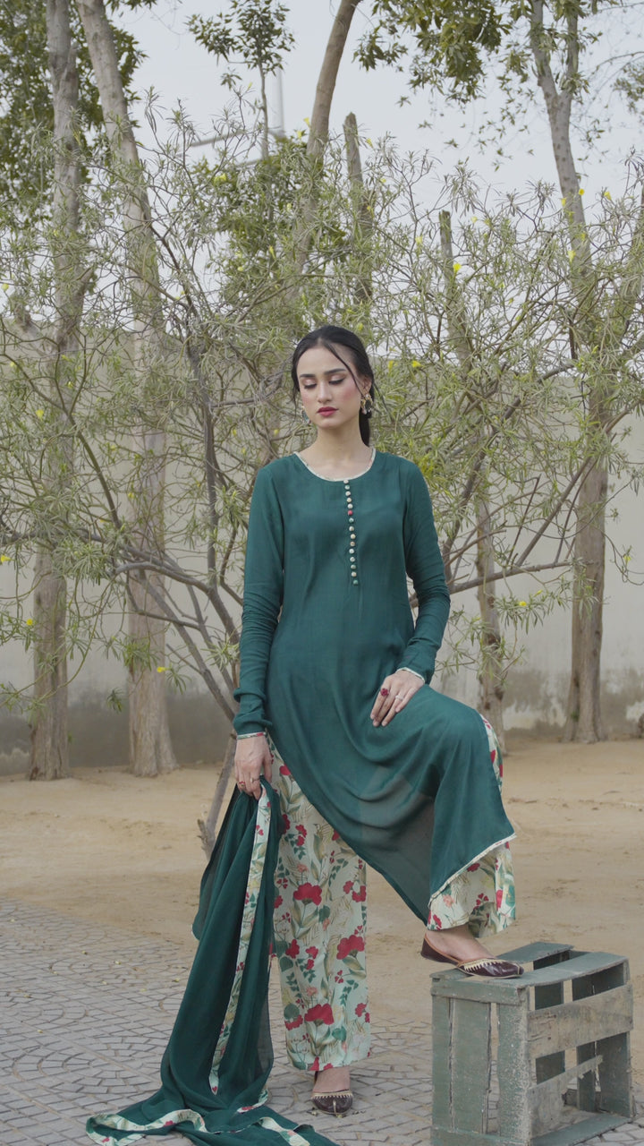 Dareecha by Daak RTW Printed Cotton Silk 3 Piece Suit AKS-BG ANARAH AKS-BG - Festive Collection