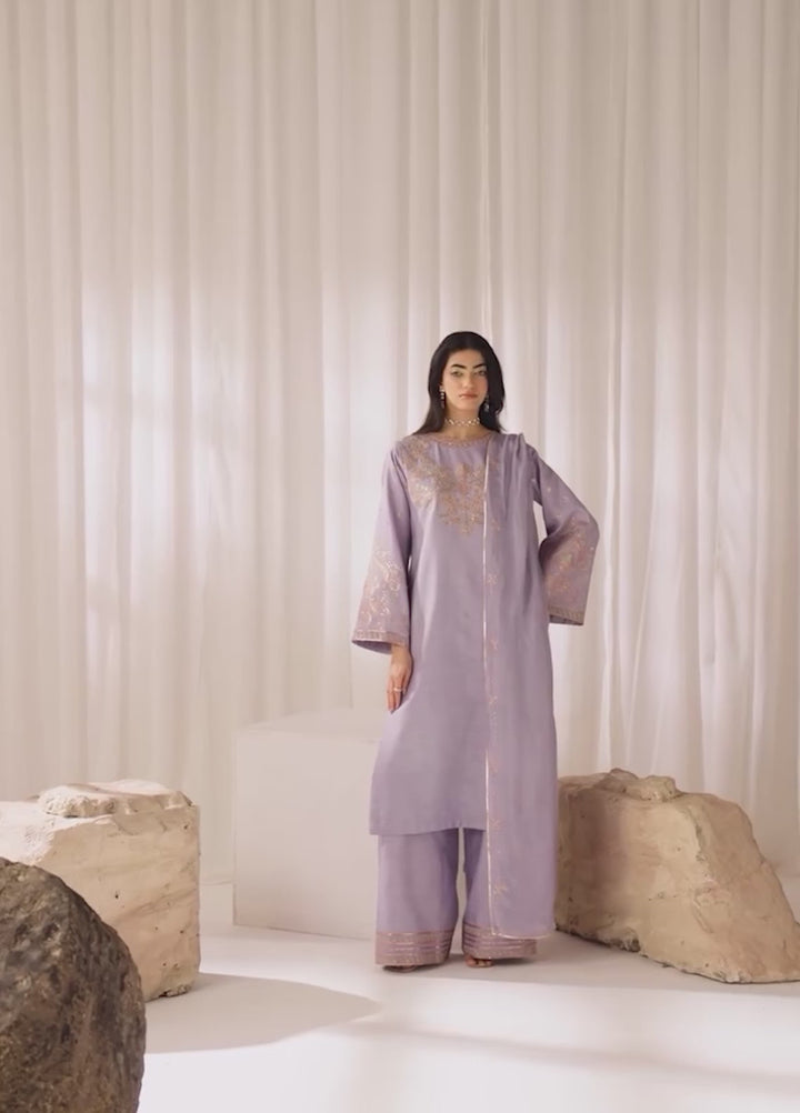 Silk Atelier by Jamni RTW Embroidered Korean Silk 3 Piece Suit LAVENDER MIST Festive Collection