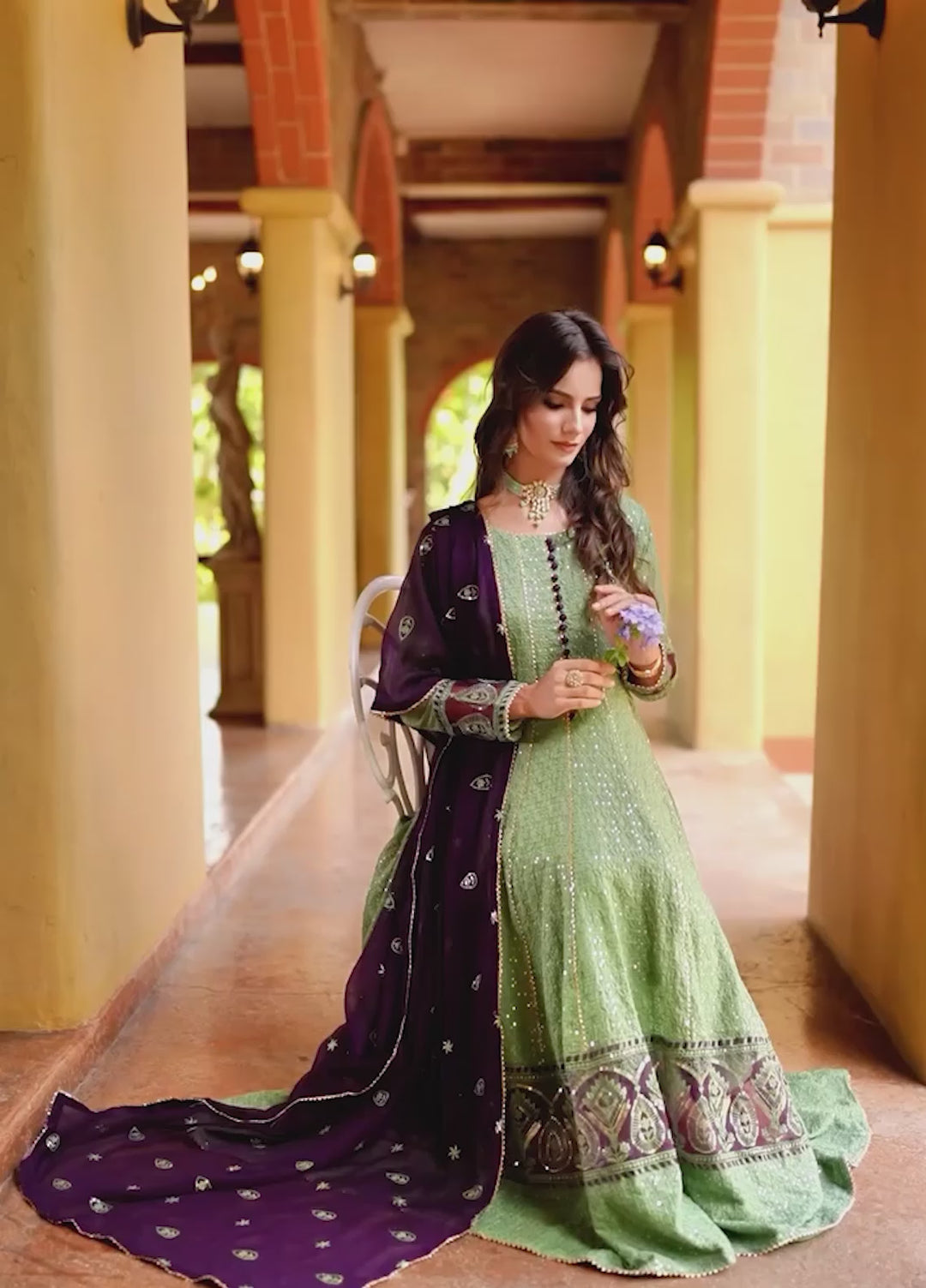 Zardozi Dreams by Abaan Zohan RTW Embroidered chiffon 3 Piece Suit Raqs Pistachio Green - Festive Collection