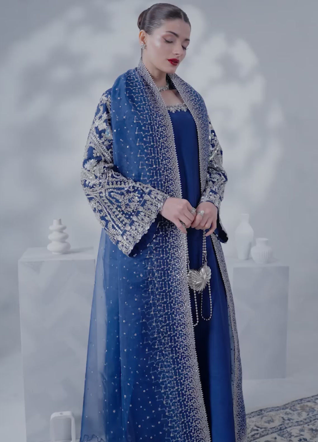Soiree by Enzo Women RTW Hand work Silk 3 Piece Suit VELOURS BLEU Festive Collection