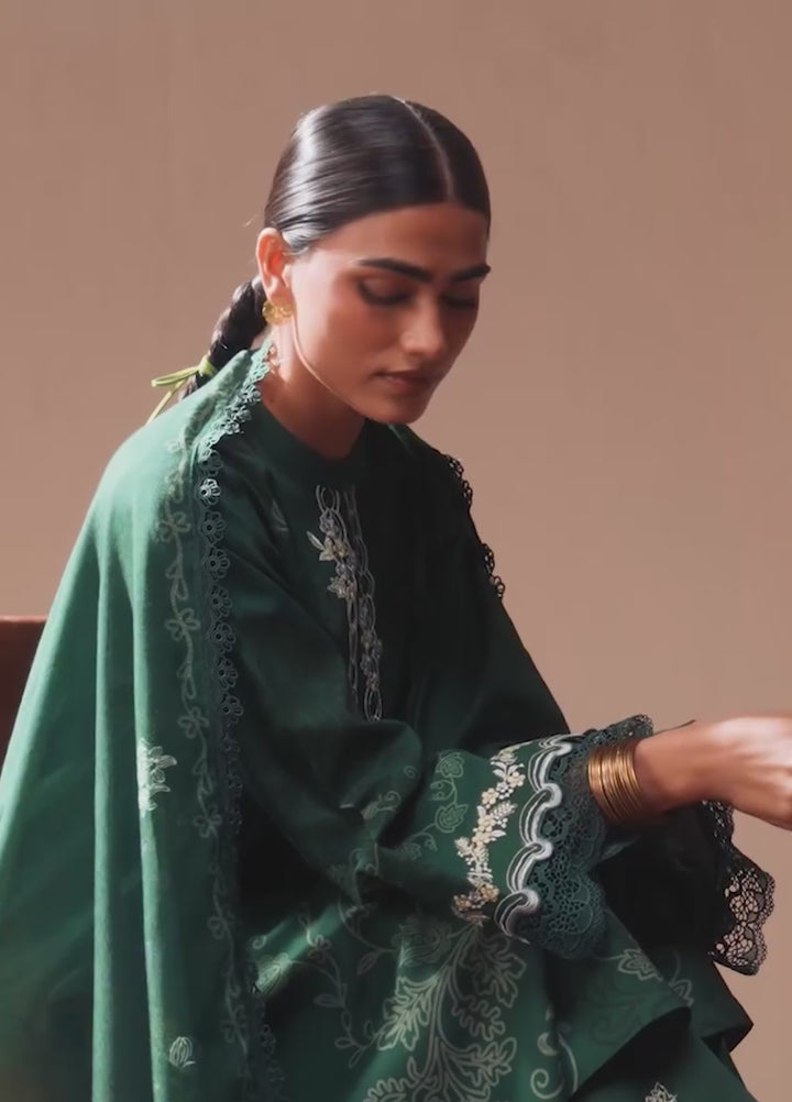 Cross Stitch Unstitched Printed Linen 3 Piece Suit CS26UW Meadow Green - Winter Collection