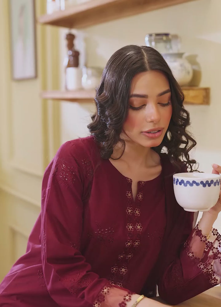 Naaz Couture RTW Chikankari Lawn 3 Piece Suit Maroon Eid Collection
