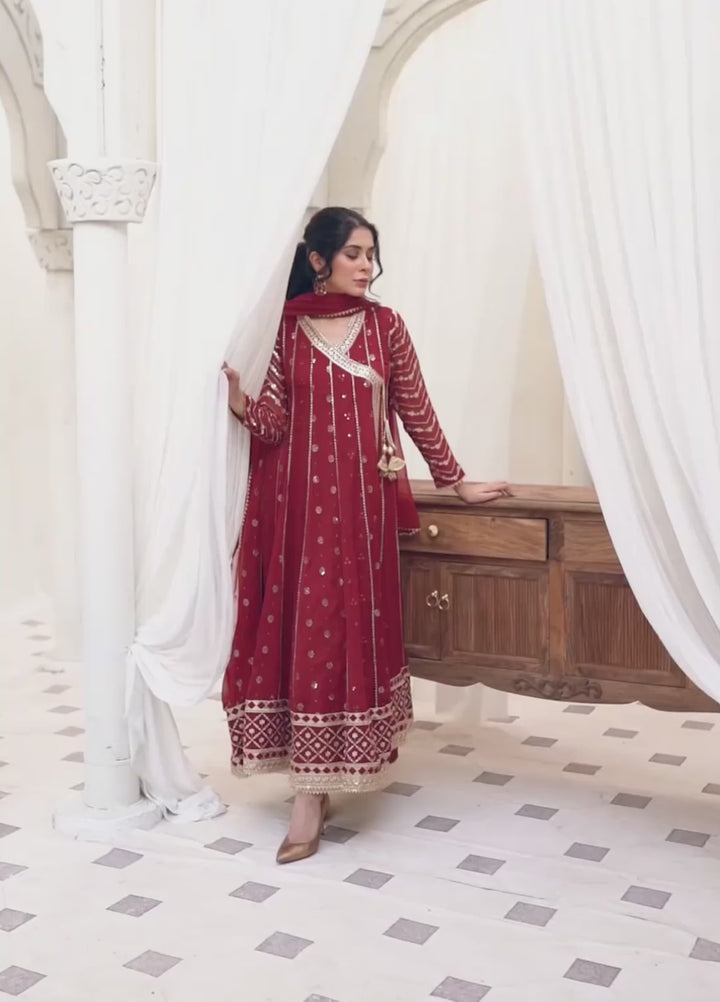 Abaan Zohan Pret Embroidered Chiffon 3 Piece Suit Nayaab Maroon