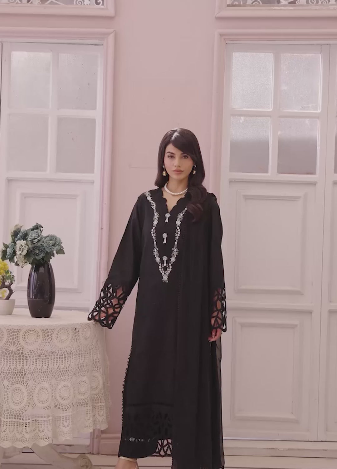 Veil of Summer by Roheenaz Unstitched Embroidered Luxury Lawn 3 Piece Suit RN26UVS 404 BLACK LACE - Eid Collection