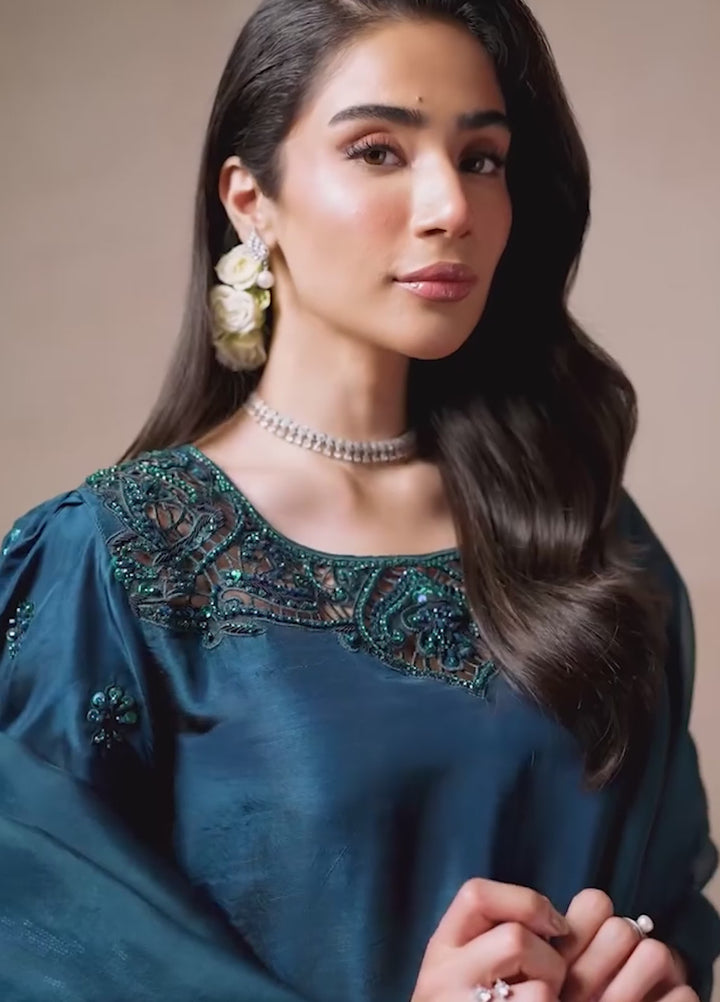 Maria Osama Khan Pret Embroidered Raw Silk 3 Piece Suit Royal Sapphire
