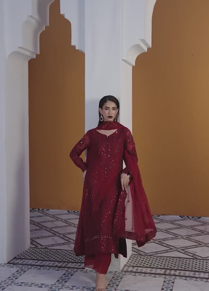 Maeri by Gulaal Unstitched Embroidered Chiffon 4 Piece Suit GL26UMC Crimson D-46 - Festive Collection