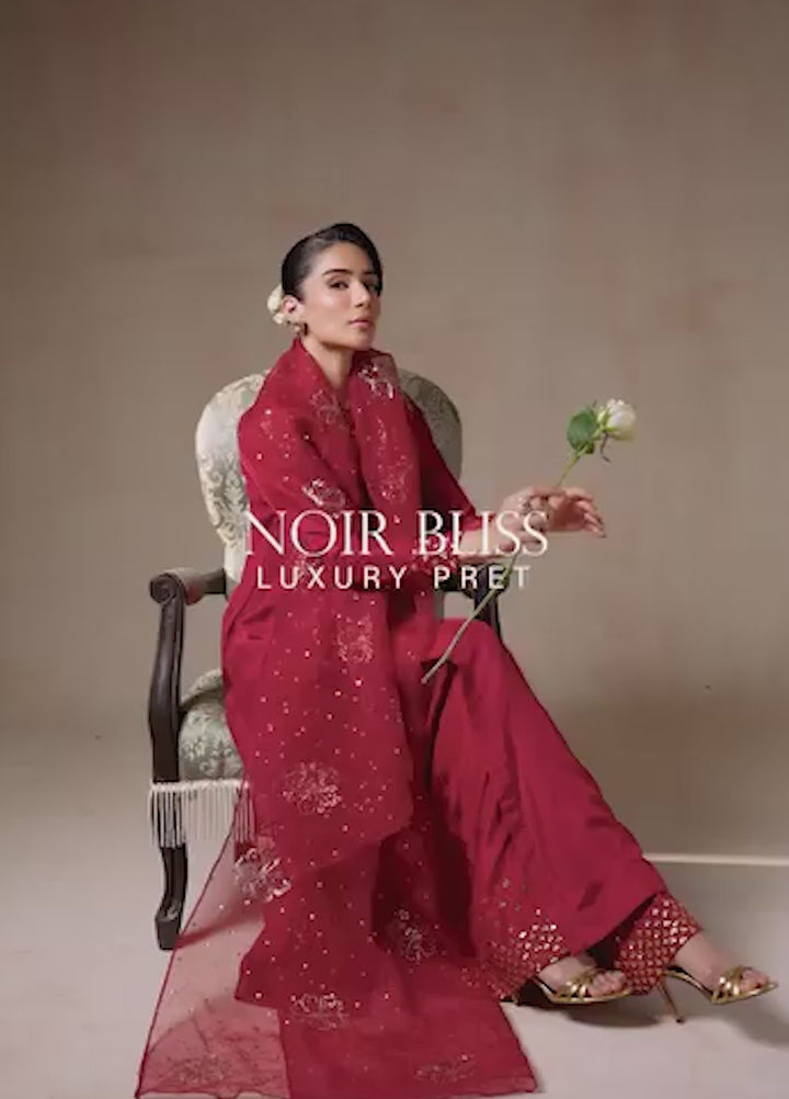 Maria Osama Khan Pret Embroidered Raw Silk 3 Piece Suit Ruby