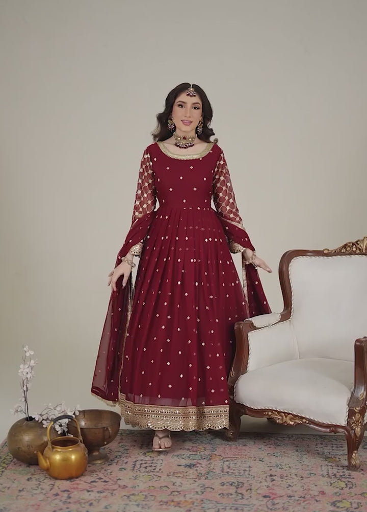 Abaan Zohan Women RTW Embroidered Chiffon 3 Piece Suit Bahar Maroon - Festive Collection