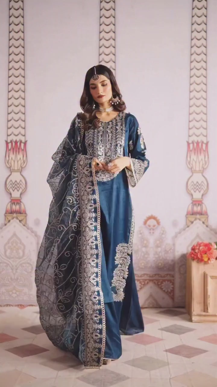 Sahane Embroidered Raw Silk Suits Unstitched 3 Piece SNE24TG TSG-04 Azure - Festive Collection