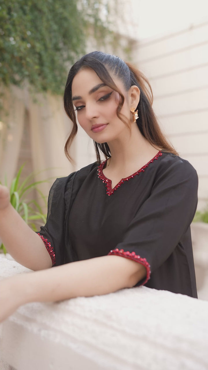 Lumi Luxury by Fajr Khan RTW Hand work Sheesha Silk 3 Piece Noir - Festive Collection