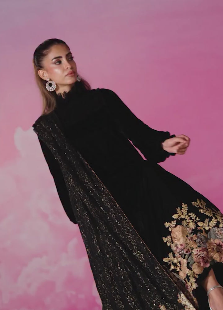 Mount Olypus by Musferah Saad Pret Embroidered Velvet Kaftan Noir Blossom - Festive Collection