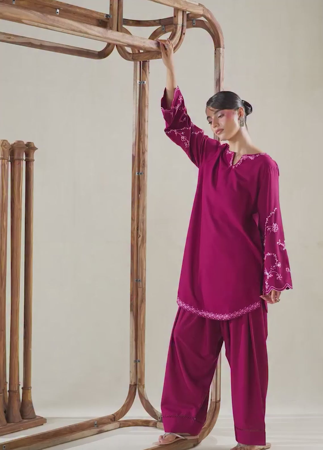 Azure Women RTW Embroidered Poly Co-Ord Sets Suit Cerise - Casual Collection