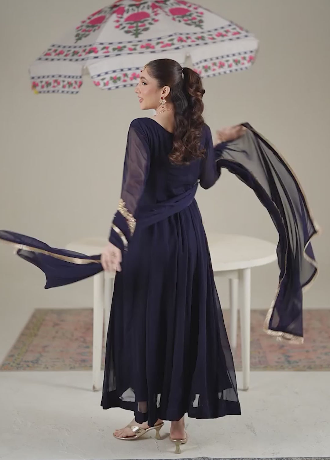 Unss Apparel Women Pret Embroidered Chiffon 3 piece suit Nure Navy Blue - Festive Collection