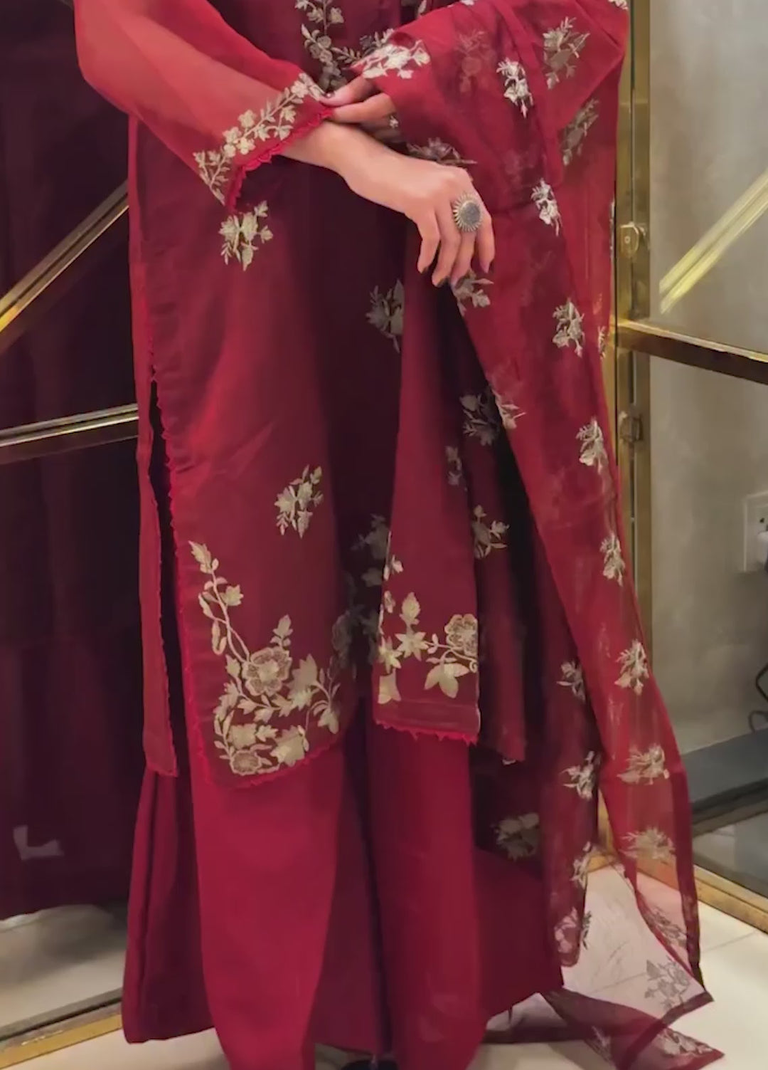 Silcot Women Pret Embroidered Khaddi Net 3 Piece Suit Marron Shimmer - Winter Collection