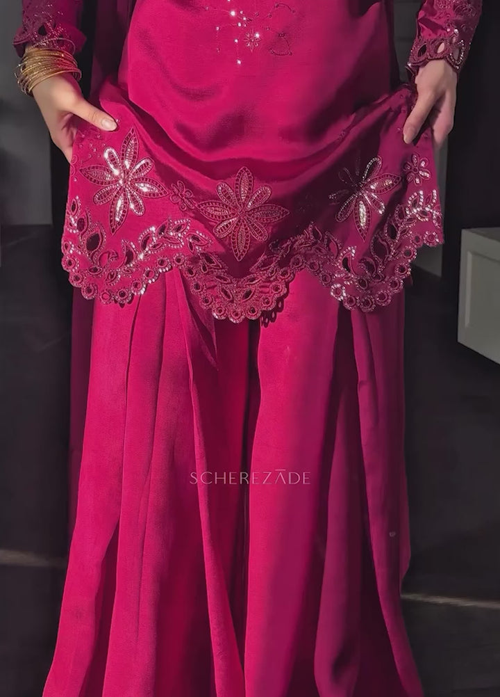 Scherezade Women RTW Embroidered Sheesha Silk 3 Piece Suit BERRY - Festive Collection