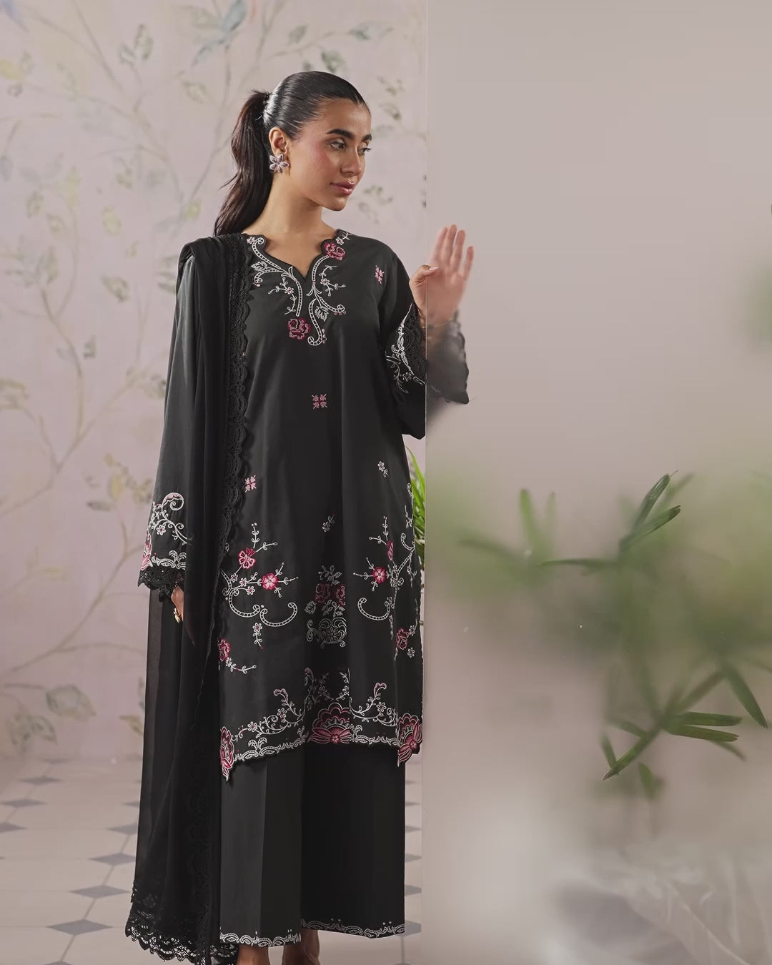Sahar Women RTW Chikankari Cambric 3 Piece Suit Black Rosette Festive Collection