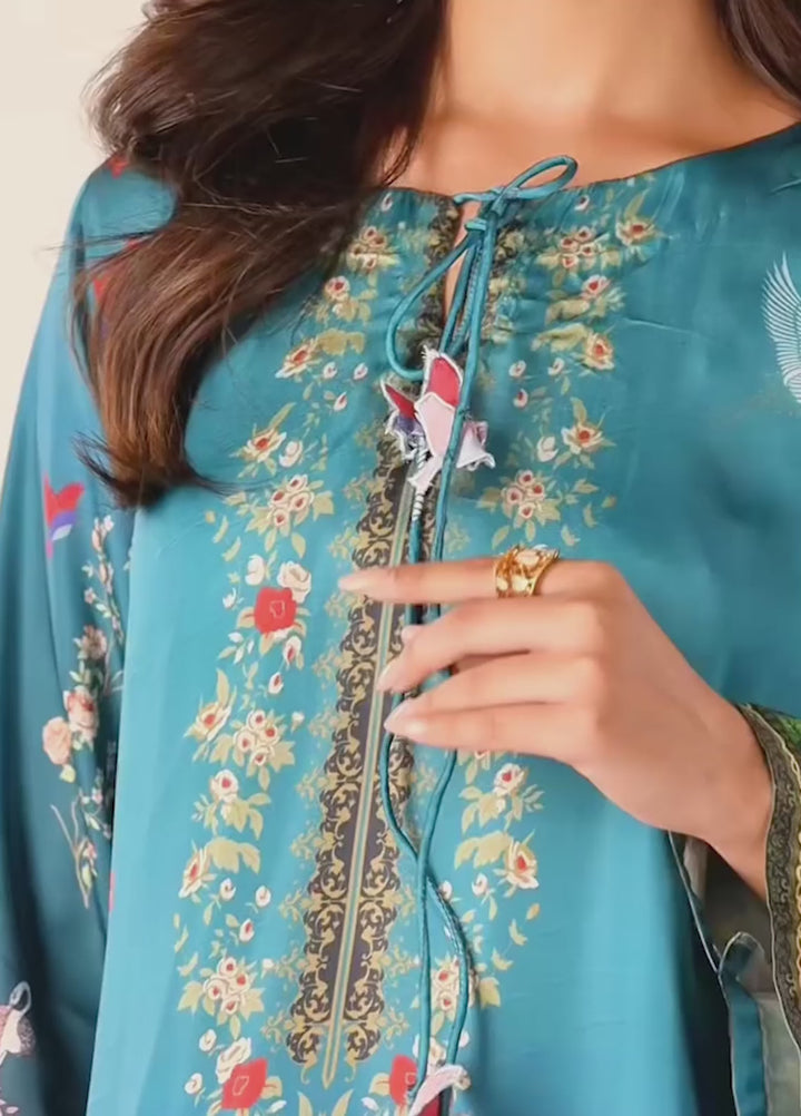 Essential Edit by Raum by Sarb RTW Printed Charmeuse Silk Kaftaan Suit RS26REE ED-01 Peacock Blue - Casual Collection