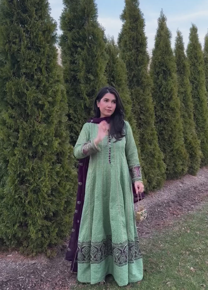 Zardozi Dreams by Abaan Zohan RTW Embroidered chiffon 3 Piece Suit Raqs Pistachio Green - Festive Collection