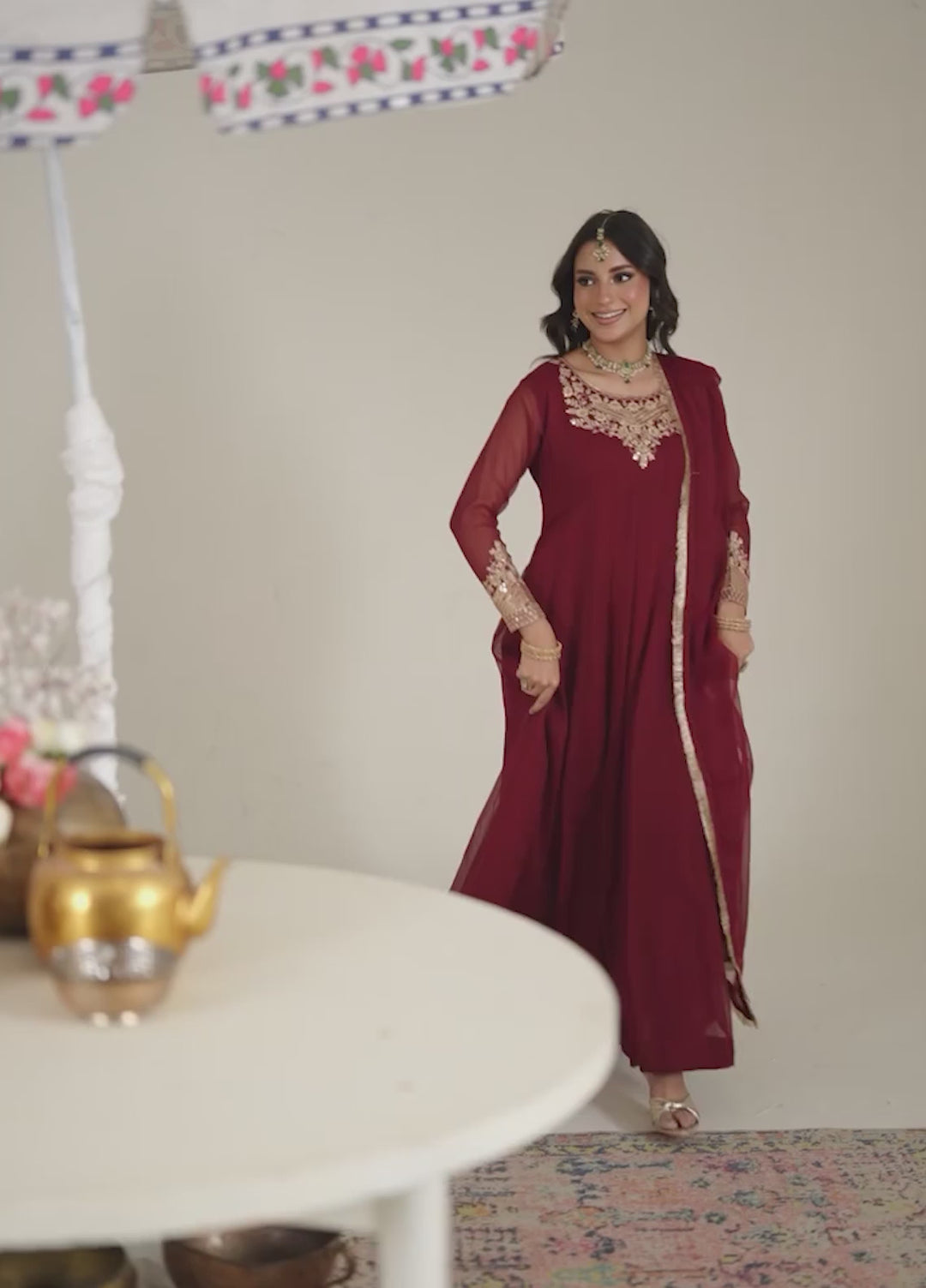 Unss Apparel Women Pret Embroidered Chiffon 3 piece suit Nureh Wine Red - Festive Collection