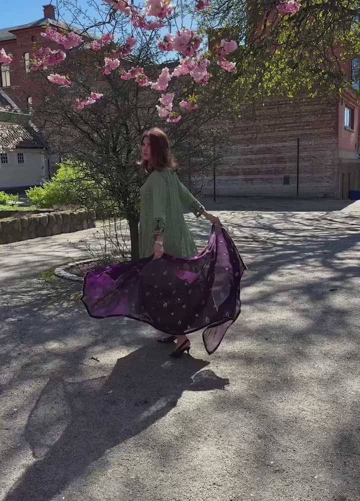 Zardozi Dreams by Abaan Zohan RTW Embroidered chiffon 3 Piece Suit Raqs Pistachio Green - Festive Collection