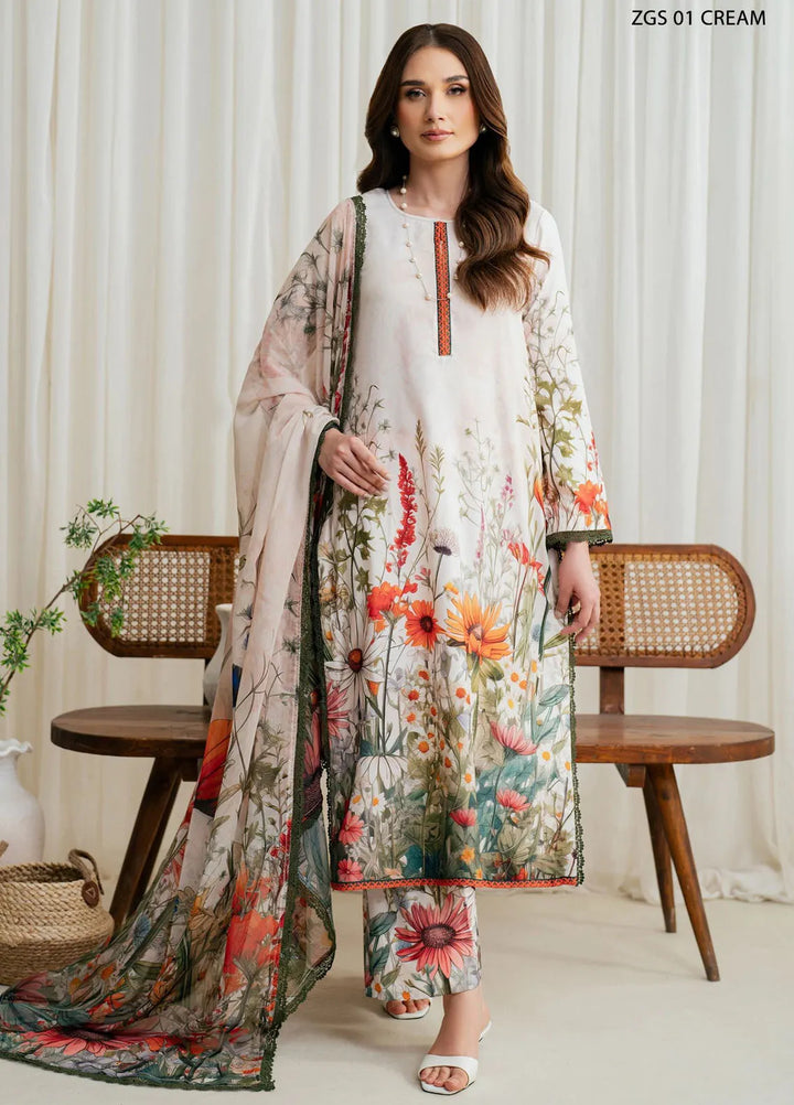Prints by Zarif Printed Georgette Silk Suit Unstitched 3 Piece ZRF24P ZGS-01 Cream - Festive Collection