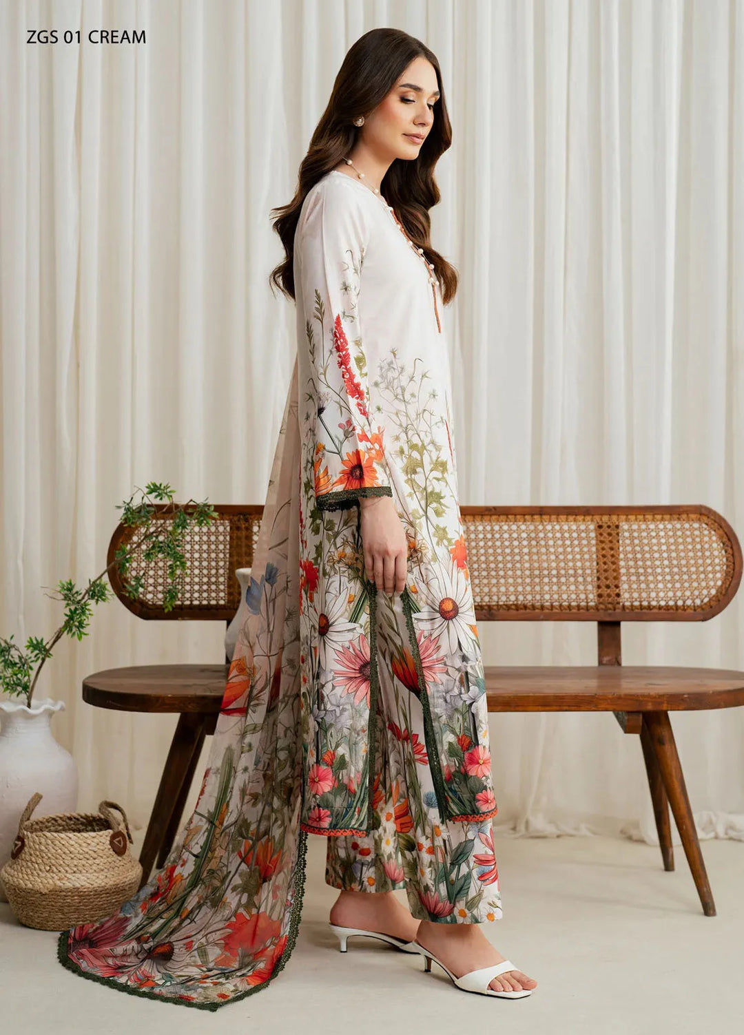 Prints by Zarif Printed Georgette Silk Suit Unstitched 3 Piece ZRF24P ZGS-01 Cream - Festive Collection