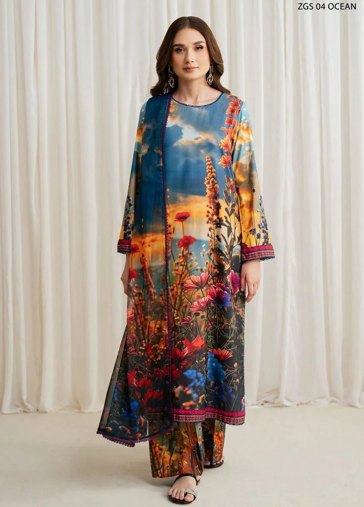 Prints by Zarif Printed Georgette Silk Suit Unstitched 3 Piece ZRF24P ZGS-04 Ocean - Festive Collection