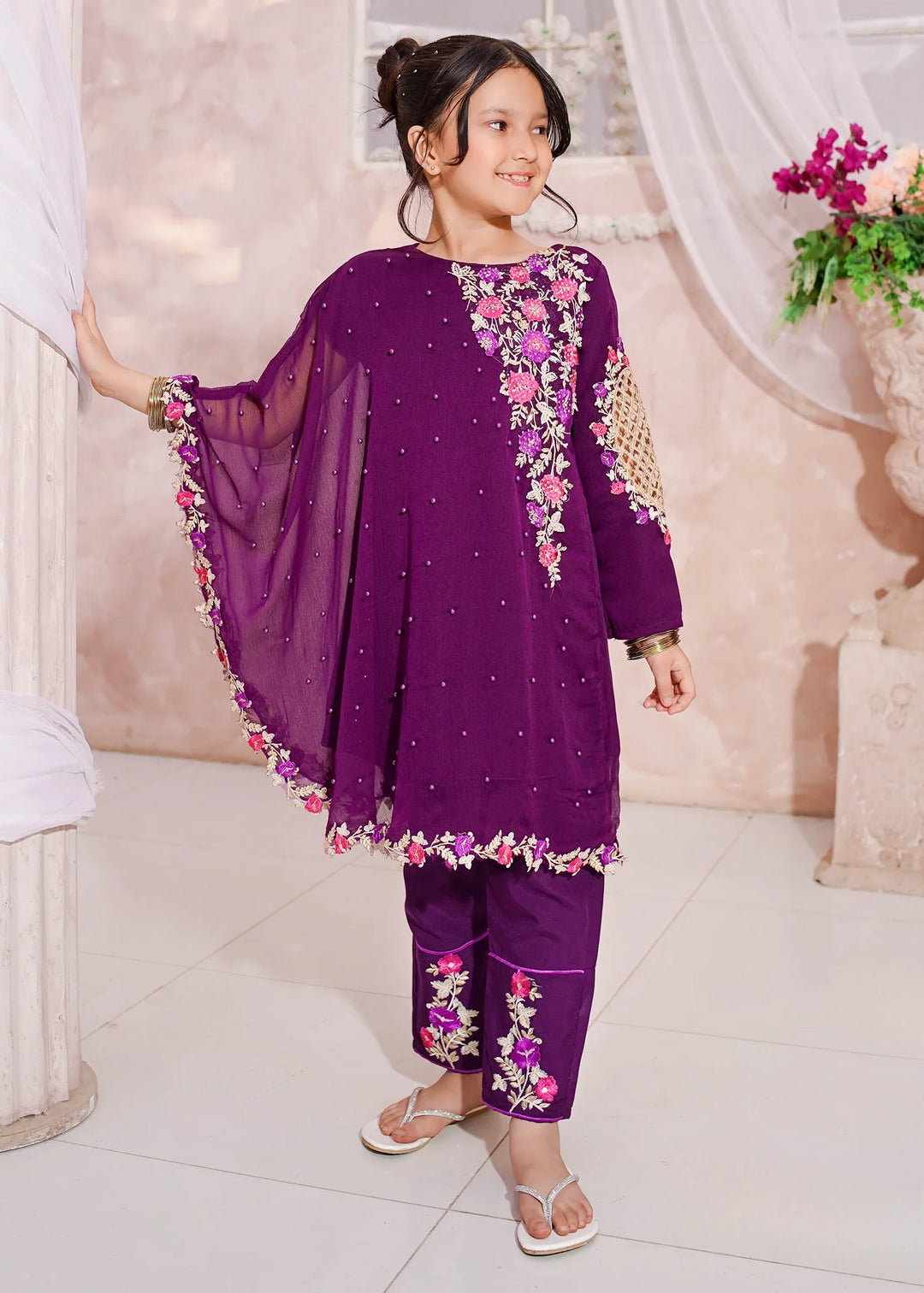 Modest Girls RTW Embroidered Chiffon 3 Piece Suit Pearl Cape Wedding Collection