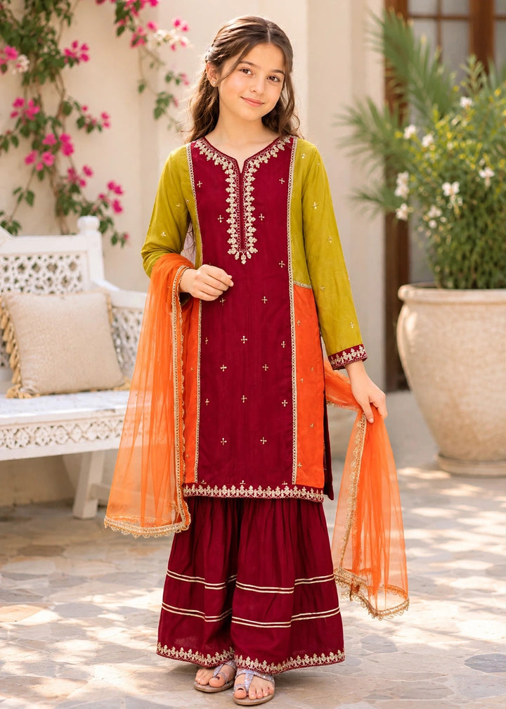 Modest Pret Edit Girls 3 Piece Embroidered Raw Silk Gharara - Festive Collection