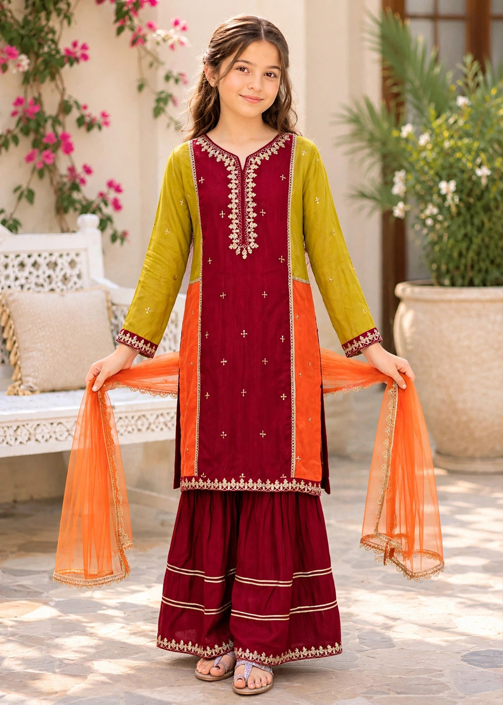 Modest Pret Edit Girls 3 Piece Embroidered Raw Silk Gharara - Festive Collection