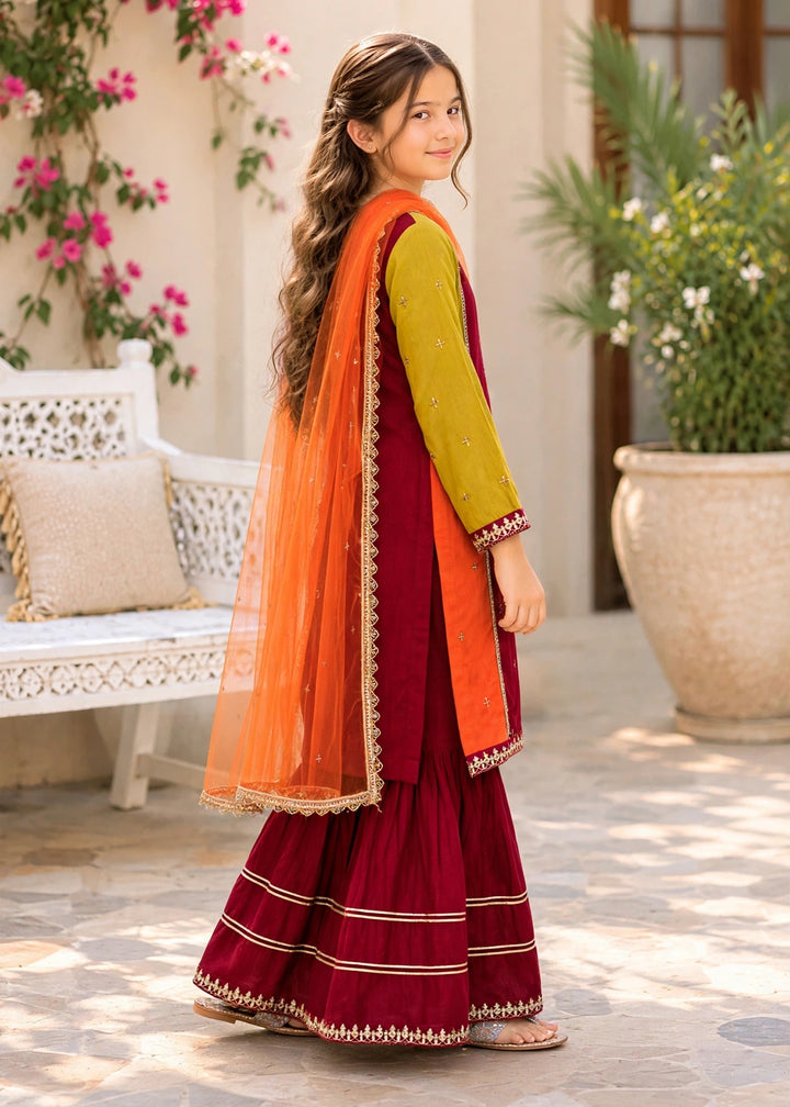 Modest Pret Edit Girls 3 Piece Embroidered Raw Silk Gharara - Festive Collection
