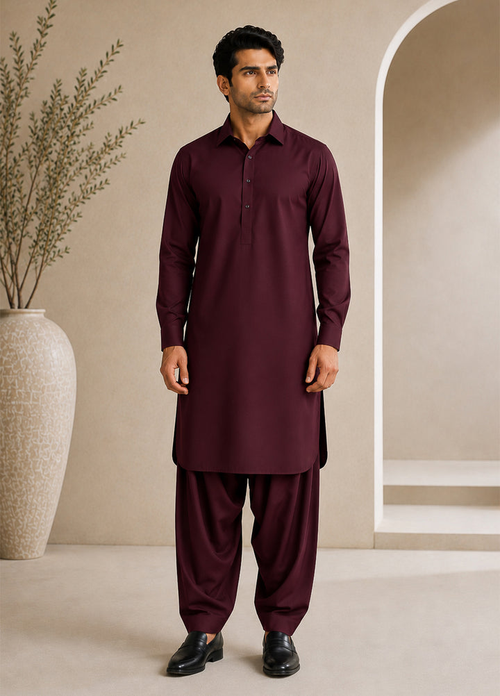 Mazham Mens Pret Solids 2 Piece Solids Dark Marron French Collar Shalwar Kameez - Festive Collection