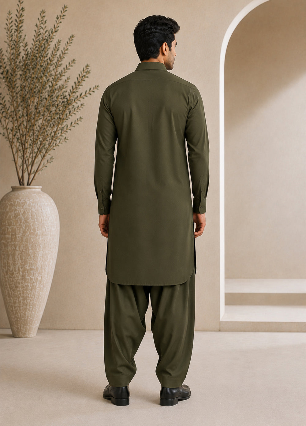 Mazham Mens Pret Solids 2 Piece Solids Army Green French Collar Shalwar Kameez - Festive Collection