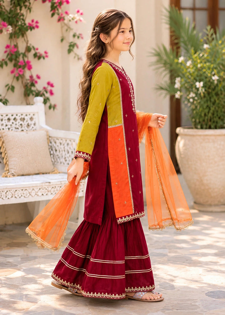 Modest Girls Pret Embroidered 3 Piece Raw Silk Orange Gharara D-02 - Festive Collection