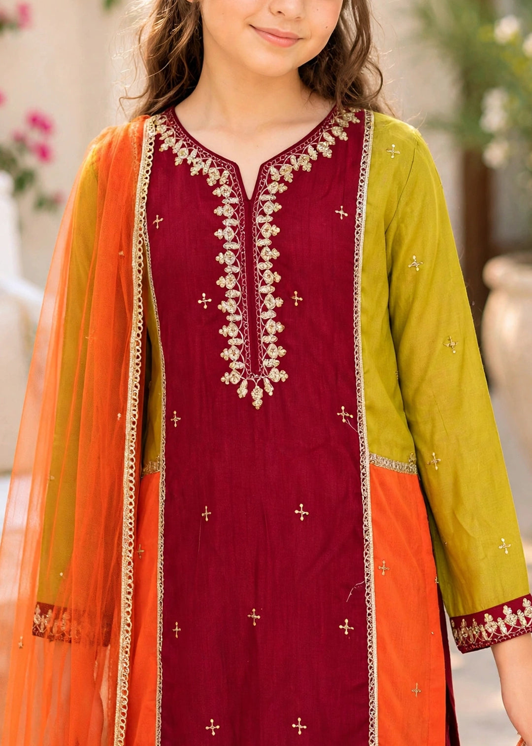 Modest Girls Pret Embroidered 3 Piece Raw Silk Orange Gharara D-02 - Festive Collection