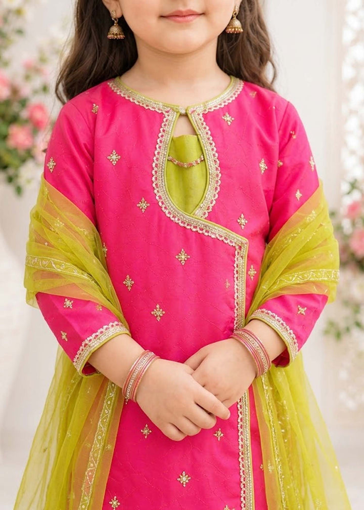 Modest Girls Pret Embroidered 3 Piece Raw Silk Pink Gharara D-04 - Festive Collection