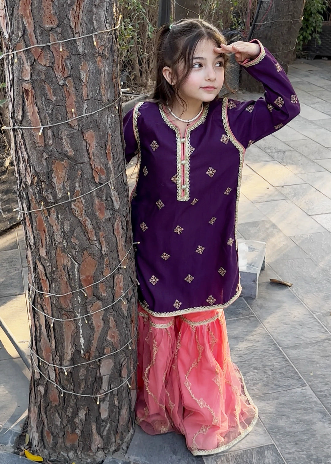 Modest Girls Pret Embroidered 3 Piece Raw Silk Purple Gharara D-03 - Festive Collection
