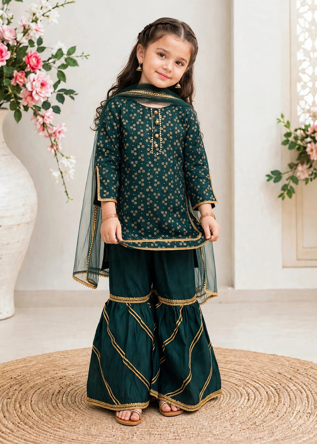 Modest Girls Pret Printed 3 Piece Raw Silk Green Gharara D-19 - Festive Collection