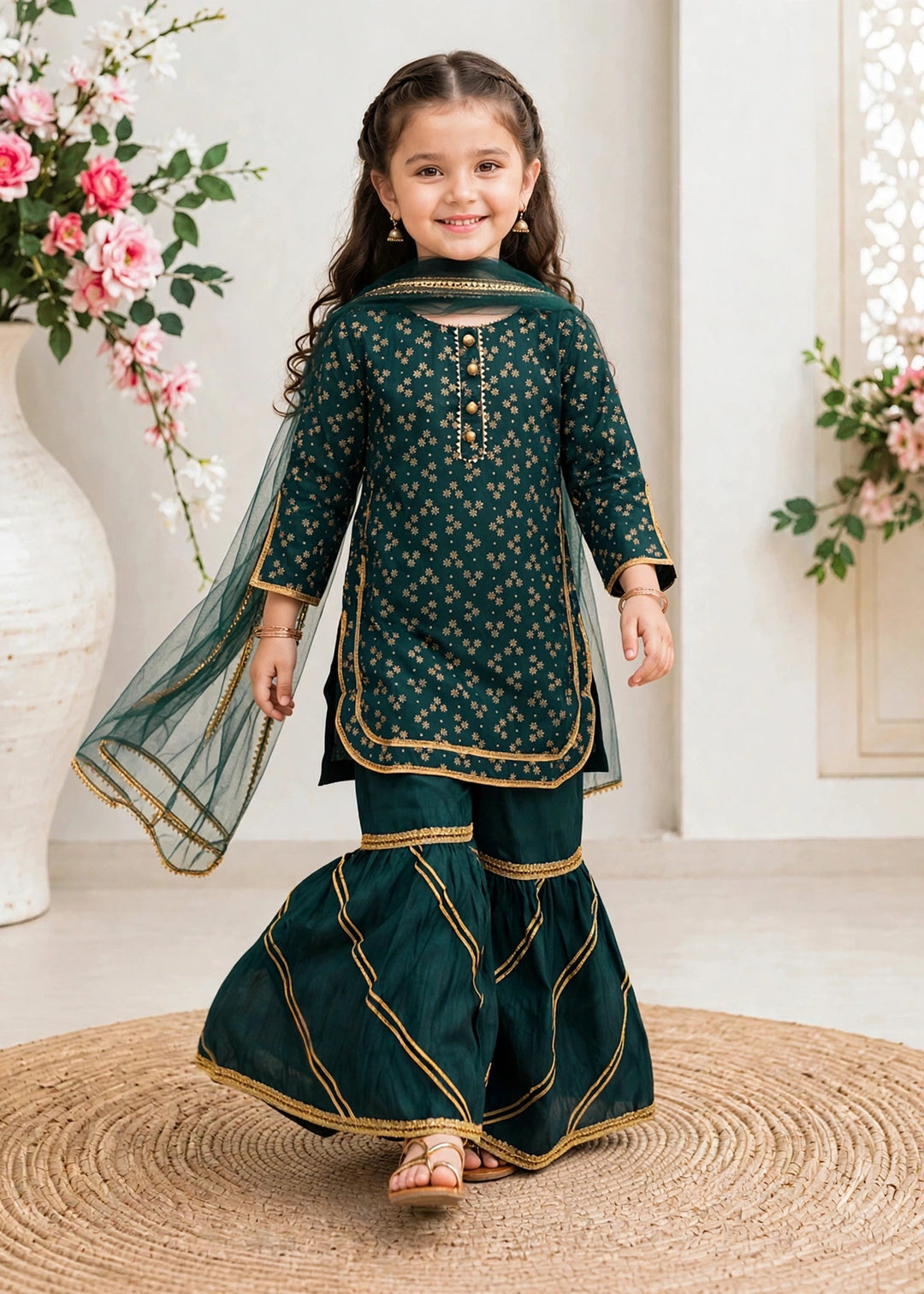 Modest Girls Pret Printed 3 Piece Raw Silk Green Gharara D-19 - Festive Collection
