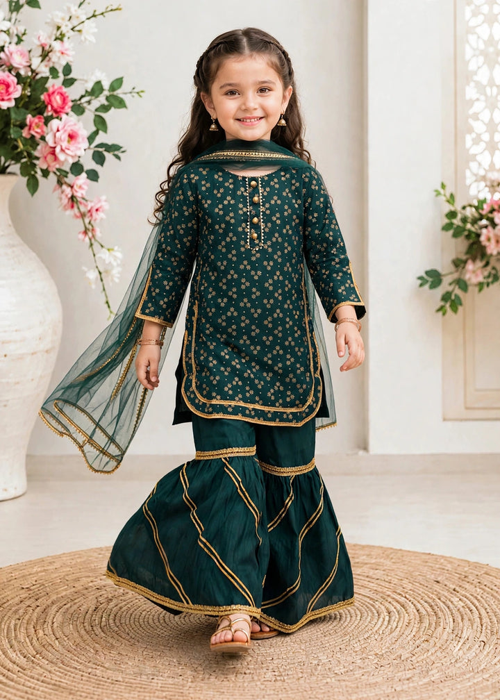 Modest Girls Pret Printed 3 Piece Raw Silk Green Gharara D-19 - Festive Collection