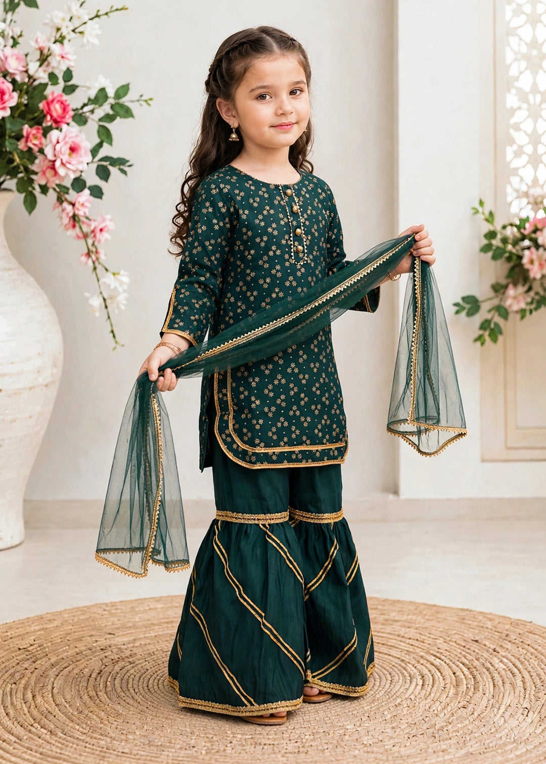 Modest Girls Pret Printed 3 Piece Raw Silk Green Gharara D-19 - Festive Collection