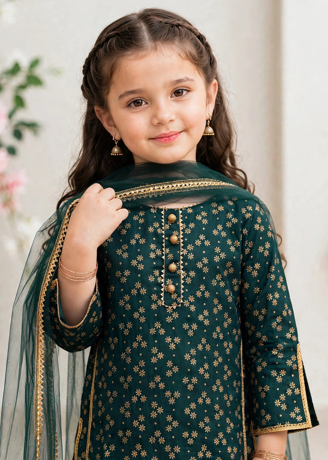 Modest Girls Pret Printed 3 Piece Raw Silk Green Gharara D-19 - Festive Collection