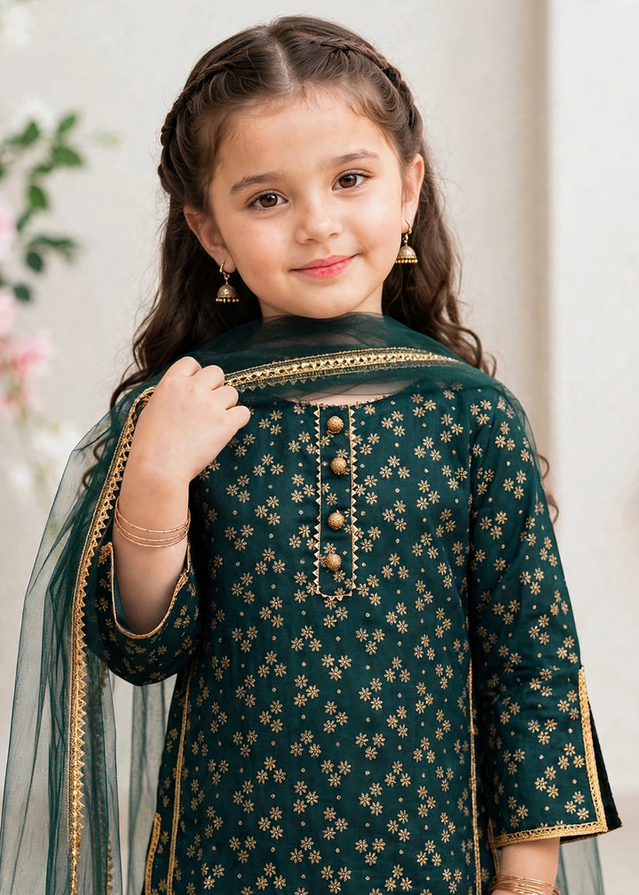 Modest Girls Pret Printed 3 Piece Raw Silk Green Gharara D-19 - Festive Collection