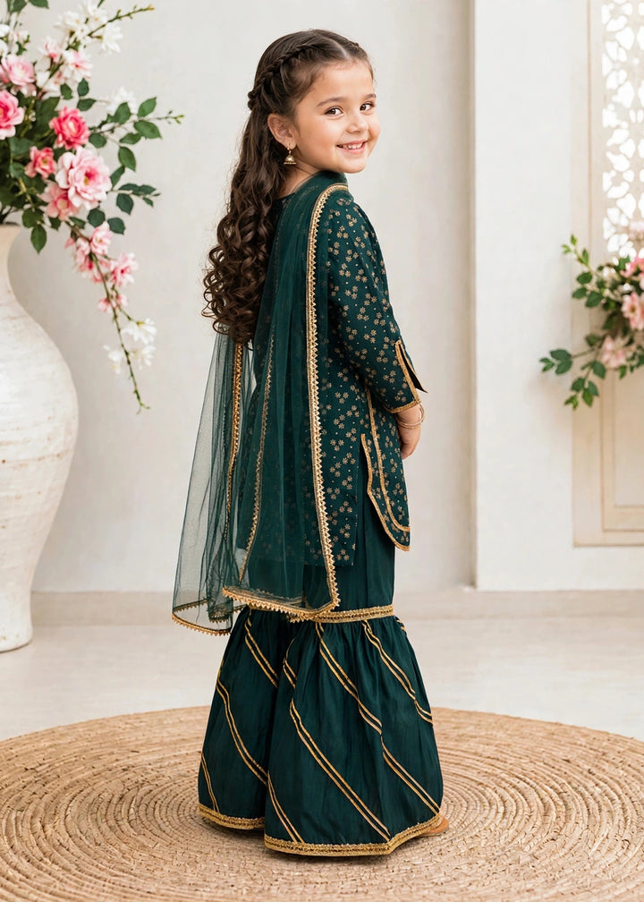 Modest Girls Pret Printed 3 Piece Raw Silk Green Gharara D-19 - Festive Collection