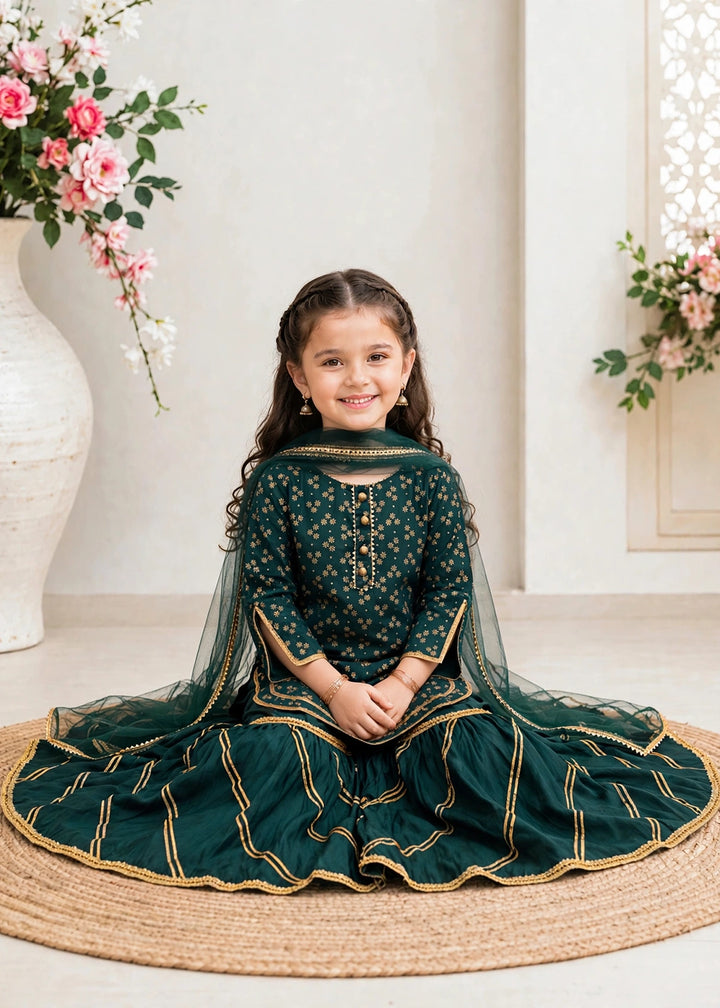 Modest Girls Pret Printed 3 Piece Raw Silk Green Gharara D-19 - Festive Collection
