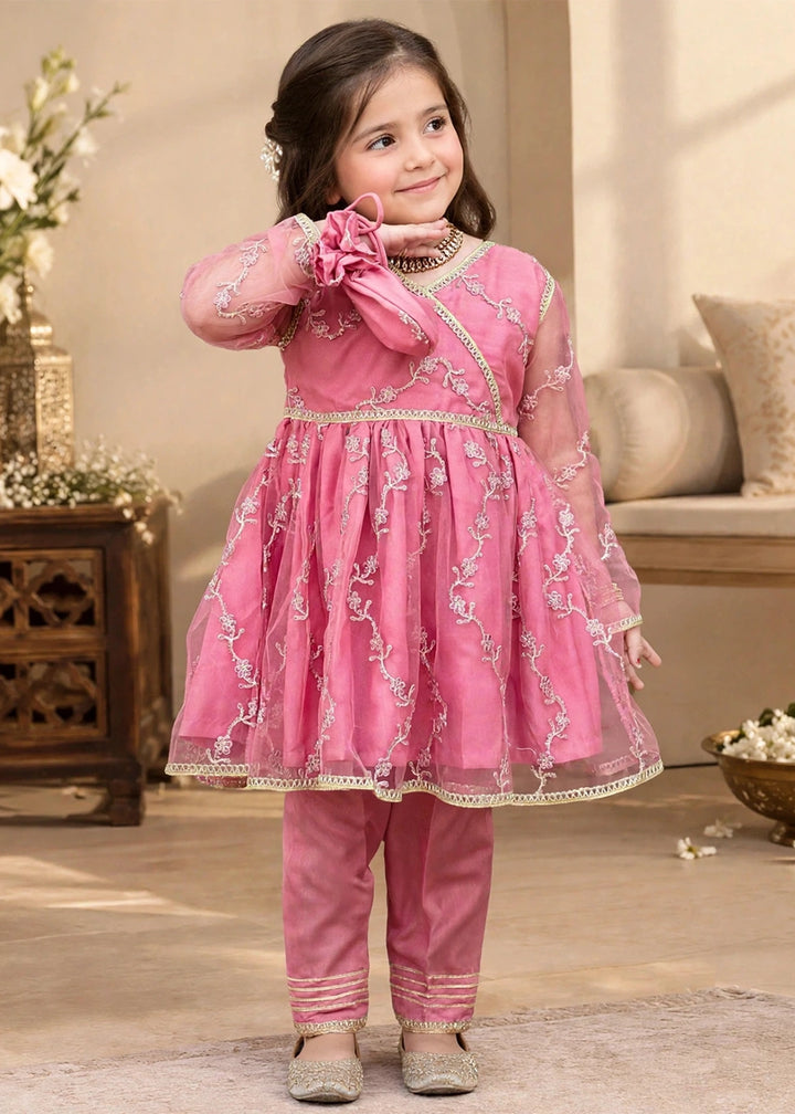 Modest Girls Pret Embroidered Net 3 Piece Suit Tea Pink - Wedding Collection