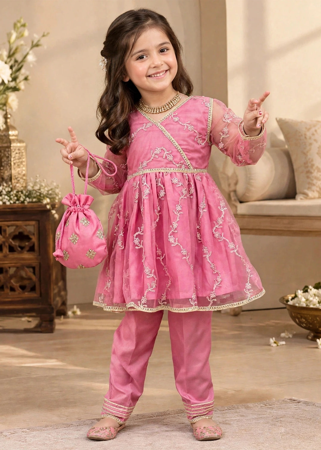 Modest Girls Pret Embroidered Net 3 Piece Suit Tea Pink - Wedding Collection